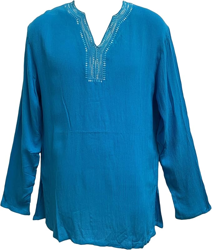 トップス MEDI INDIA COTTON ASYMMETRY BLOUSE Womens Turquoise Indian Bohemian Crinkled Gauze Cotton Tunic